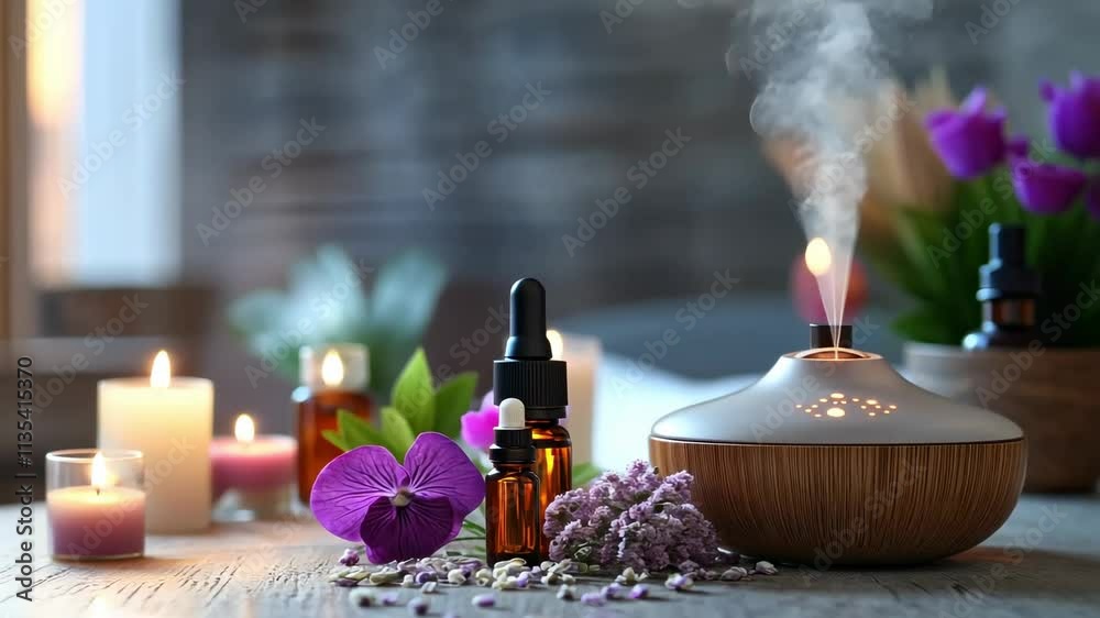 Aromatherapy diffuser and essential oils surrounded by candles and flowers for a calming water wellness spa experience
