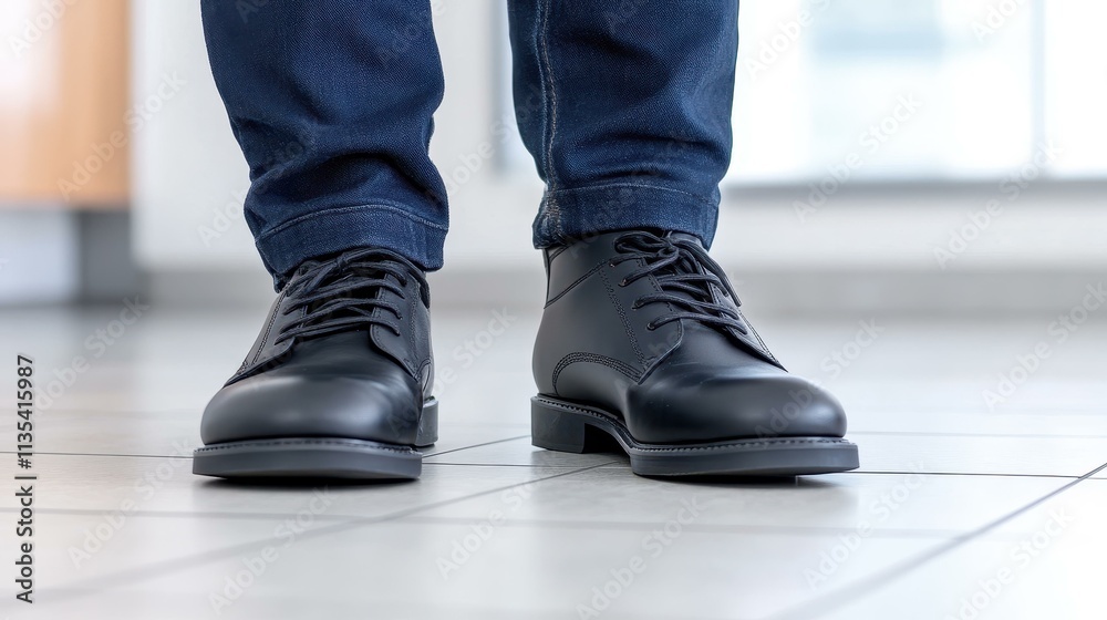 A close view of a person in black shoes and blue jeans, with a tiled floor beneath them and a blurred background. A close view of a person in black shoes and blue jeans, with a tiled floor beneath them and a blurred background.