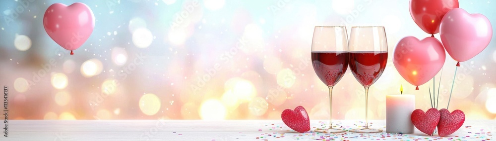 Romantic Setting with Wine Glasses, Heart Balloons, and Candles for Valentine's Day Celebration Romantic Setting with Wine Glasses, Heart Balloons, and Candles for Valentine's Day Celebration