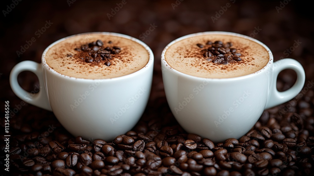Fototapeta premium Freshly brewed coffee served in white cups on a bed of coffee beans, creating a rich texture and inviting aroma