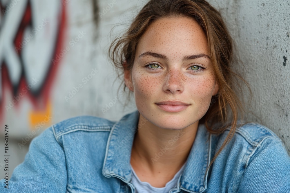 A striking young woman with freckled skin and expressive eyes leans against a wall adorned with art, blending beauty with urban culture in a captivating moment. A striking young woman with freckled skin and expressive eyes leans against a wall adorned with art, blending beauty with urban culture in a captivating moment.