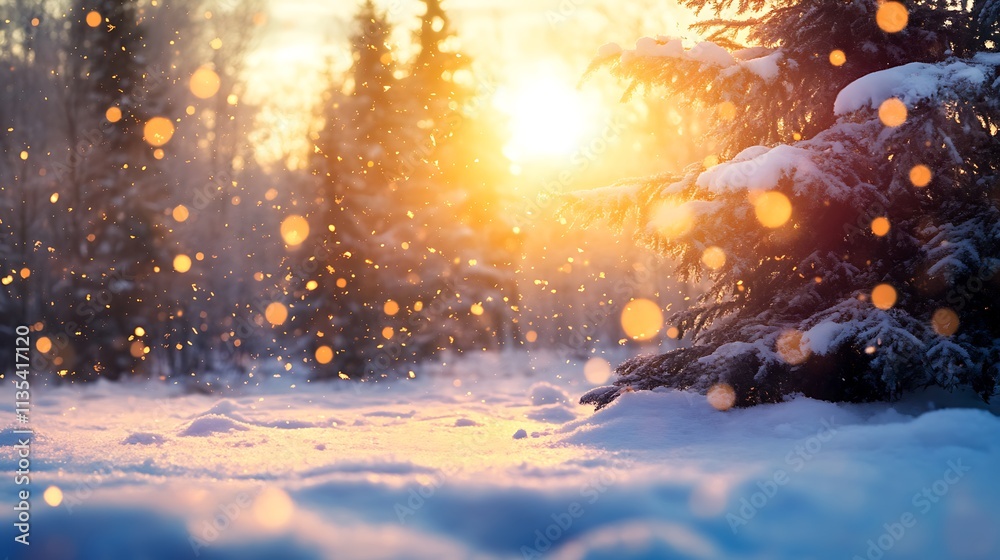 Winter wonderland sunrise. Snowy forest at dawn. Concept of peace, serenity, and magic. Winter wonderland sunrise. Snowy forest at dawn. Concept of peace, serenity, and magic.