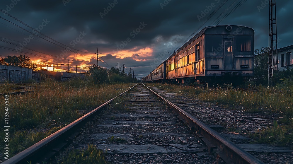 Fototapeta premium Abandoned Train Tracks at Sunset. Concept of Nostalgia, Solitude, and the Past.