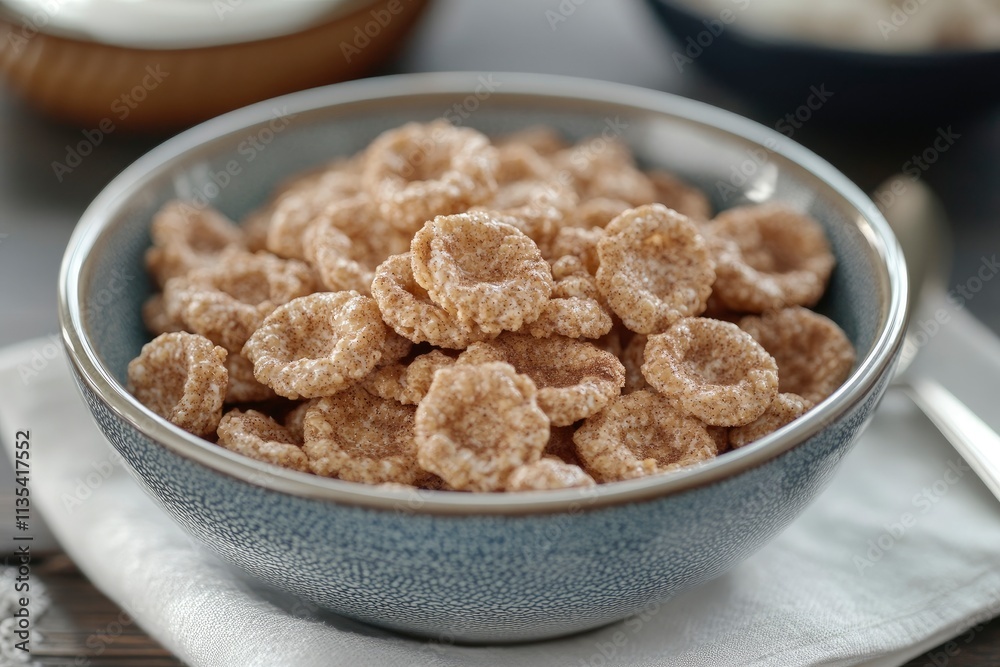 Close-up of fresh homemade baked cinnamon cereals with yogurt in bowl on napkin Close-up of fresh homemade baked cinnamon cereals with yogurt in bowl on napkin