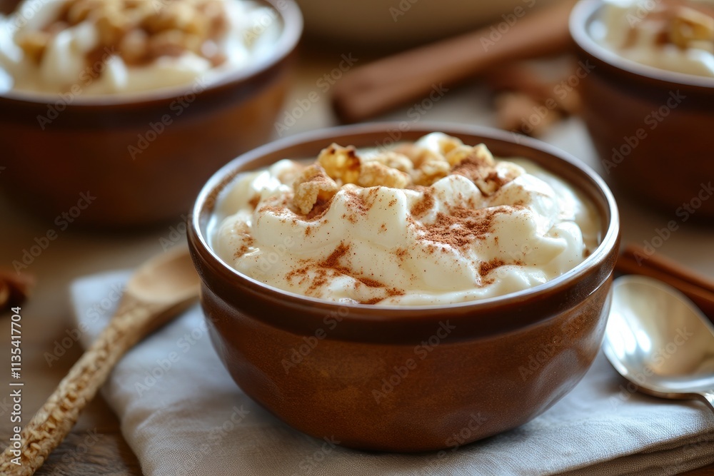 Close-up of fresh homemade baked cinnamon cereals with yogurt in bowl on napkin Close-up of fresh homemade baked cinnamon cereals with yogurt in bowl on napkin