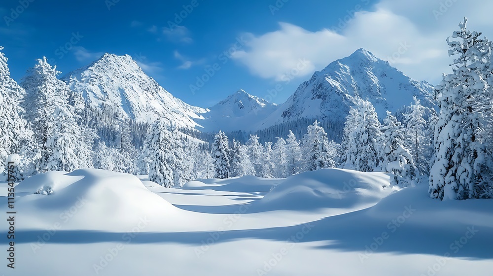 Fototapeta Winter wonderland landscape with snow covered mountains and trees. Concept of serene winter beauty.