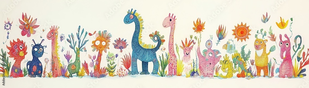 Obraz premium Colorful cartoon dinosaurs and animals in a whimsical garden scene children's art vibrant nature playful concept