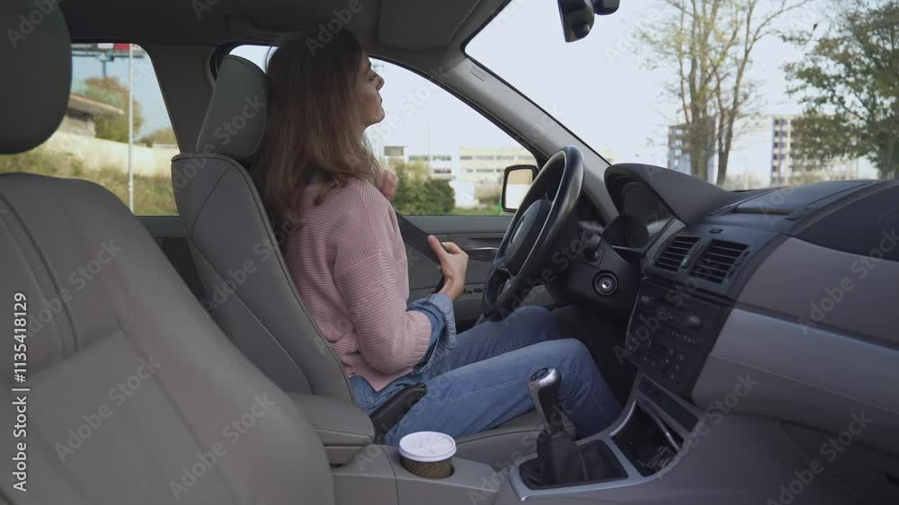 Young adult woman fastening her seat belt inside a car, slow motion montage Young adult woman fastening her seat belt inside a car, slow motion montage