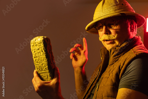 A funny elderly archaeologist from the 19th century holds an Egyptian antiquity cuneiform clay tablet in his hands
