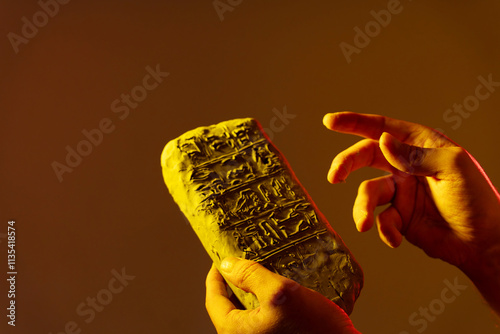 hands holding an Egyptian antiquity cuneiform clay tablet photo