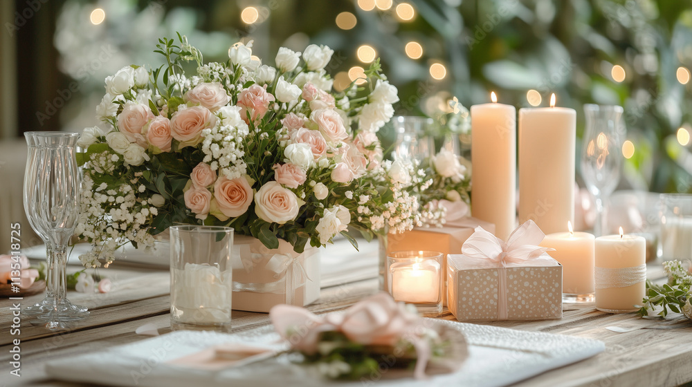 Elegant flower arrangement with candles and decor on a table Elegant flower arrangement with candles and decor on a table