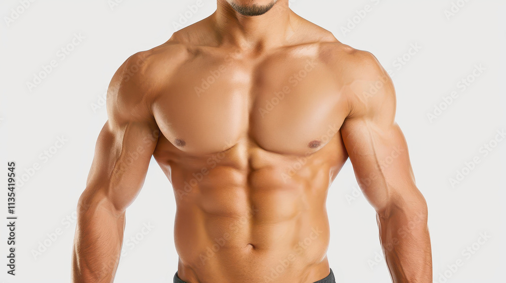 A strong and fit male figure stands tall, showcasing impressive muscle definition against a clean white backdrop. A strong and fit male figure stands tall, showcasing impressive muscle definition against a clean white backdrop.