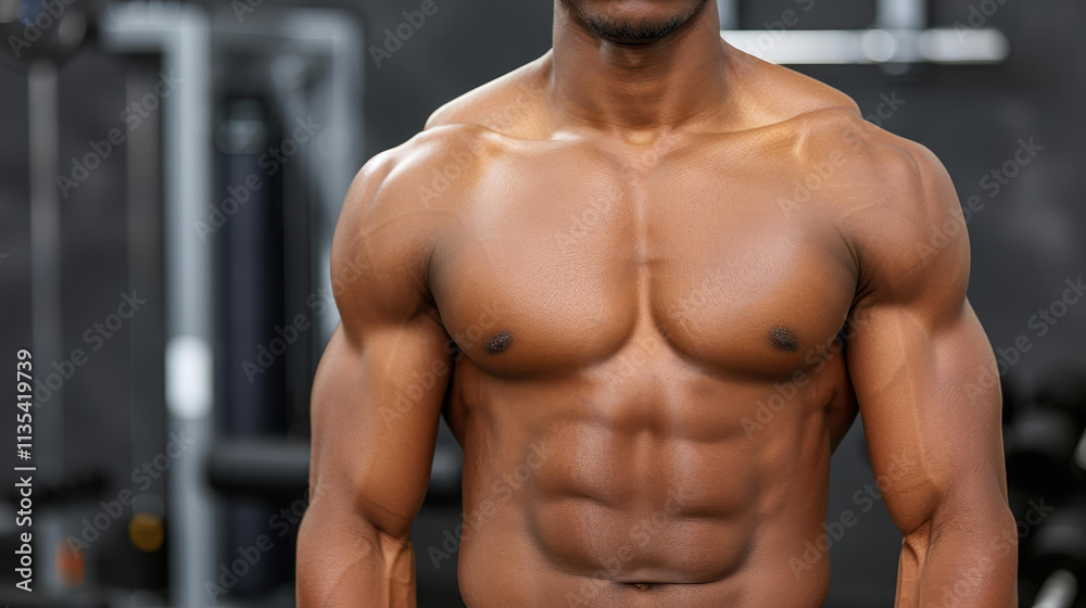 Strong, tanned male flexes muscles at the gym, showcasing dedication and strength in his fitness journey.