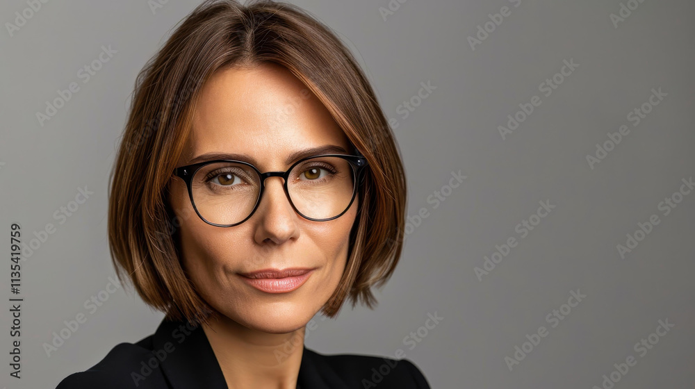 Fototapeta premium A confident businesswoman stands poised, her direct gaze reflecting determination and professionalism for career inspiration.