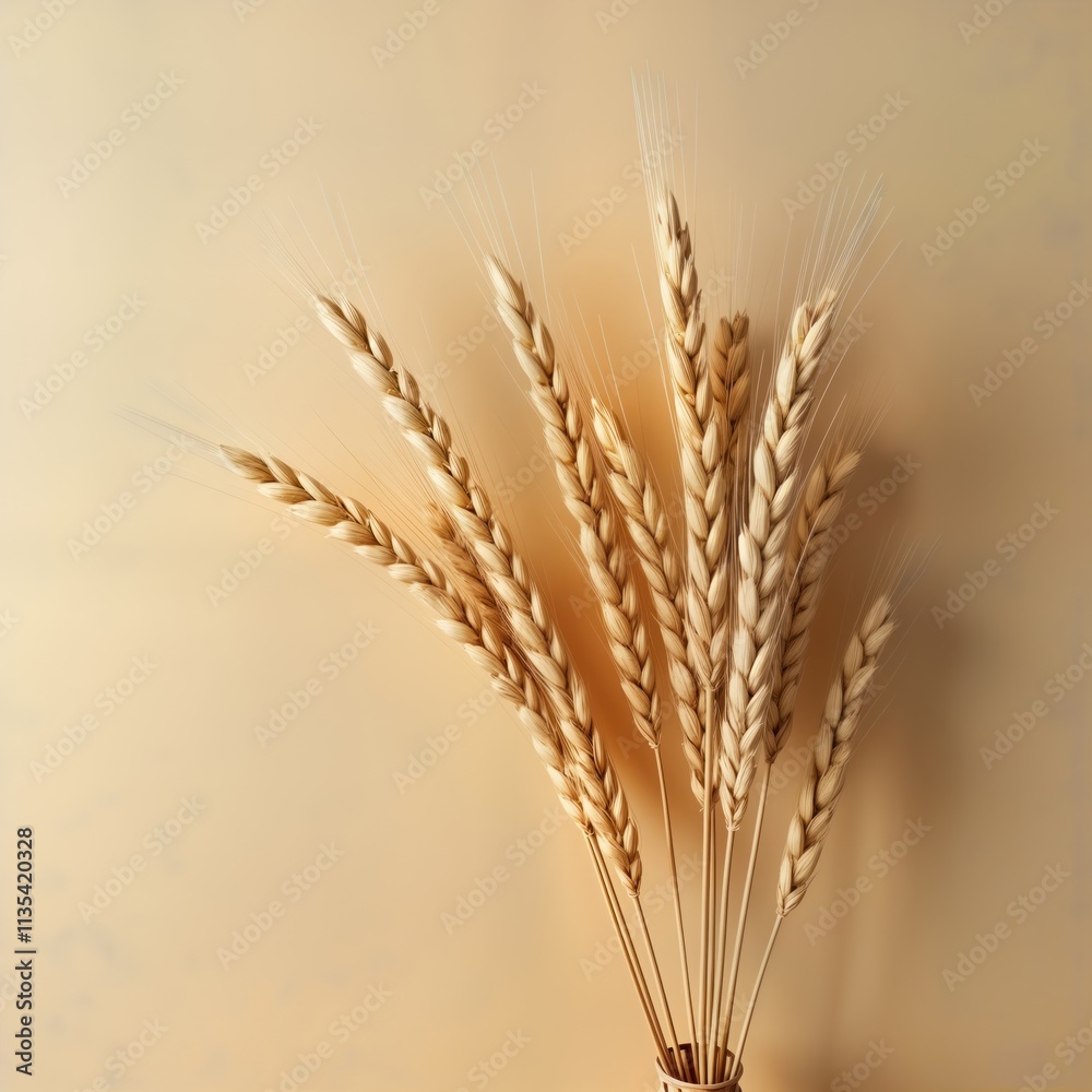 Fototapeta premium Dried wheat stalks create minimalist nature still life against beige background. Light beige background creates simple backdrop for natural wheat. Dried stalks arranged in bundle. Neutral, organic