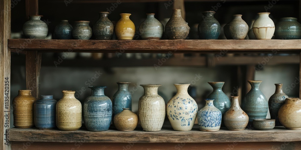 A collection of diverse pottery displayed on wooden shelves, showcasing craftsmanship and design. A collection of diverse pottery displayed on wooden shelves, showcasing craftsmanship and design.