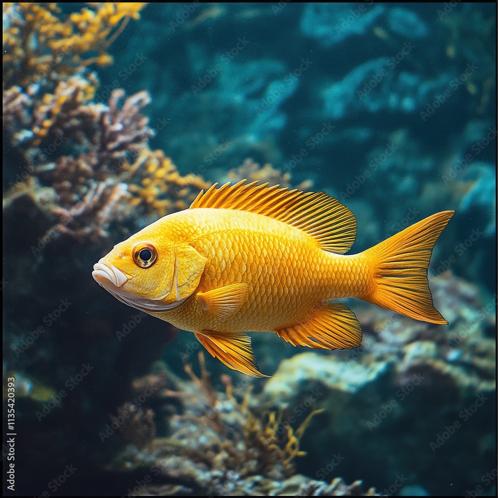 Vibrant yellow fish swimming in coral reef underwater scene marine life tropical environment close-up perspective Vibrant yellow fish swimming in coral reef underwater scene marine life tropical environment close-up perspective