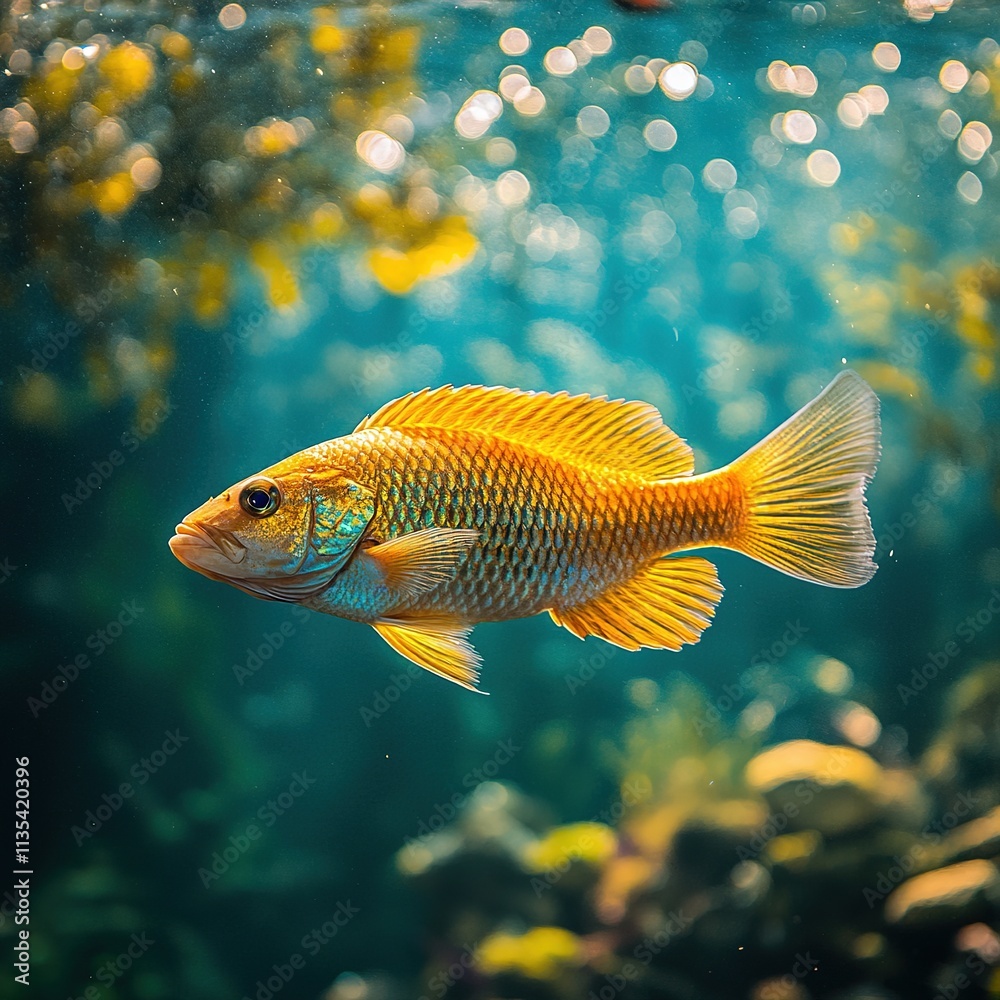 Swimming golden cichlid fish in vibrant coral reef underwater photography aquatic environment close-up view nature conservation Swimming golden cichlid fish in vibrant coral reef underwater photography aquatic environment close-up view nature conservation