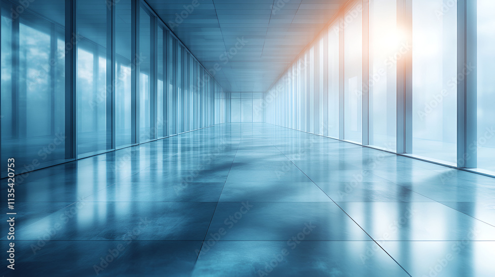 Modern Office Corridor with Glass Walls and Bright Sunlight Modern Office Corridor with Glass Walls and Bright Sunlight