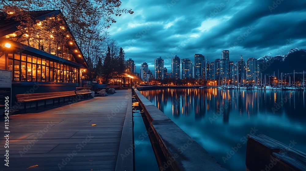 Obraz premium Vancouver Waterfront at Dusk. Cityscape, Harbor, Restaurant, Calm.
