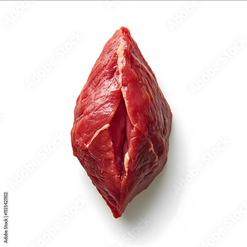 photorealistic photo of raw meat on white background shaped like an open diamond with the tip pointing upwards the mouth is visible inside and its placed in a verti photo