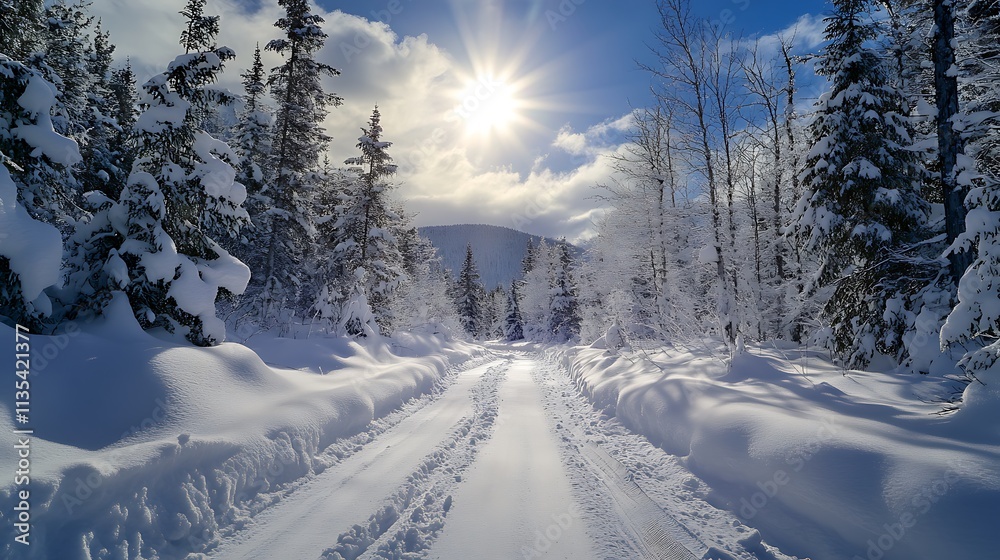 Snowy winter road through a forest. Concept of winter wonderland, tranquility, and nature.