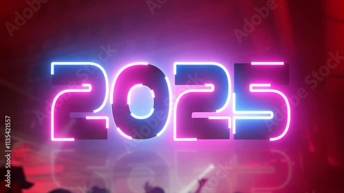 2025 Happy New Year, neon particles on dark blue background.	