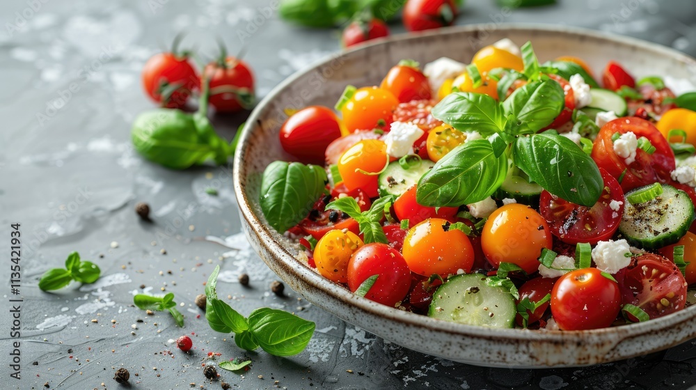 A vibrant salad featuring mixed tomatoes, cucumbers, and fresh basil, ideal for healthy eating. A vibrant salad featuring mixed tomatoes, cucumbers, and fresh basil, ideal for healthy eating.