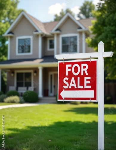 Suburban home for sale sign in front of light beige two story house. Real estate market property sign in green lawn. Sign indicates house selling. Image illustrates home buying selling in residential