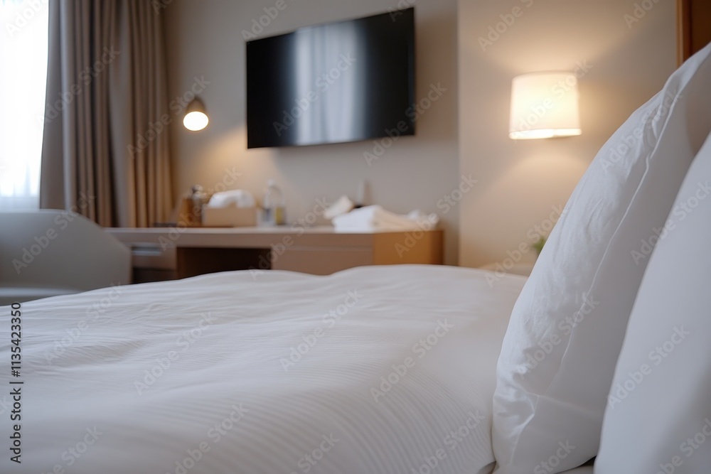 A charming bedroom setup featuring plush bedding, a wall-mounted TV, and elegant decor that promotes a sense of coziness and inviting atmosphere for relaxation. A charming bedroom setup featuring plush bedding, a wall-mounted TV, and elegant decor that promotes a sense of coziness and inviting atmosphere for relaxation.