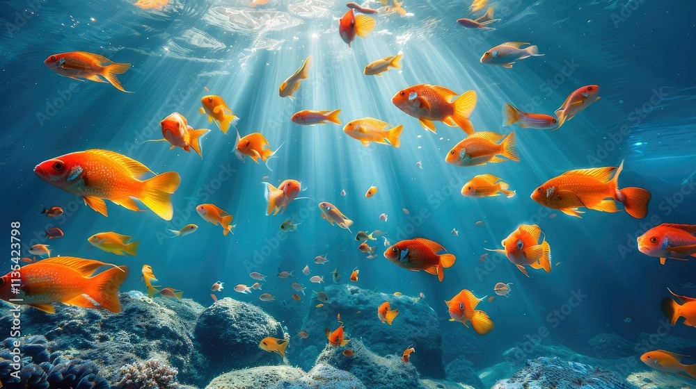 Fototapeta premium A vibrant underwater scene filled with goldfish and sun rays illuminating the ocean.