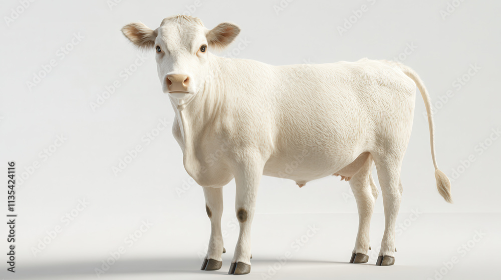 Fototapeta premium A pale cream cow with a subtle golden undertone, standing confidently, ears slightly perked. The image uses clean graphic realism with an emphasis on soft light and delicate fur patterns. Positioned a