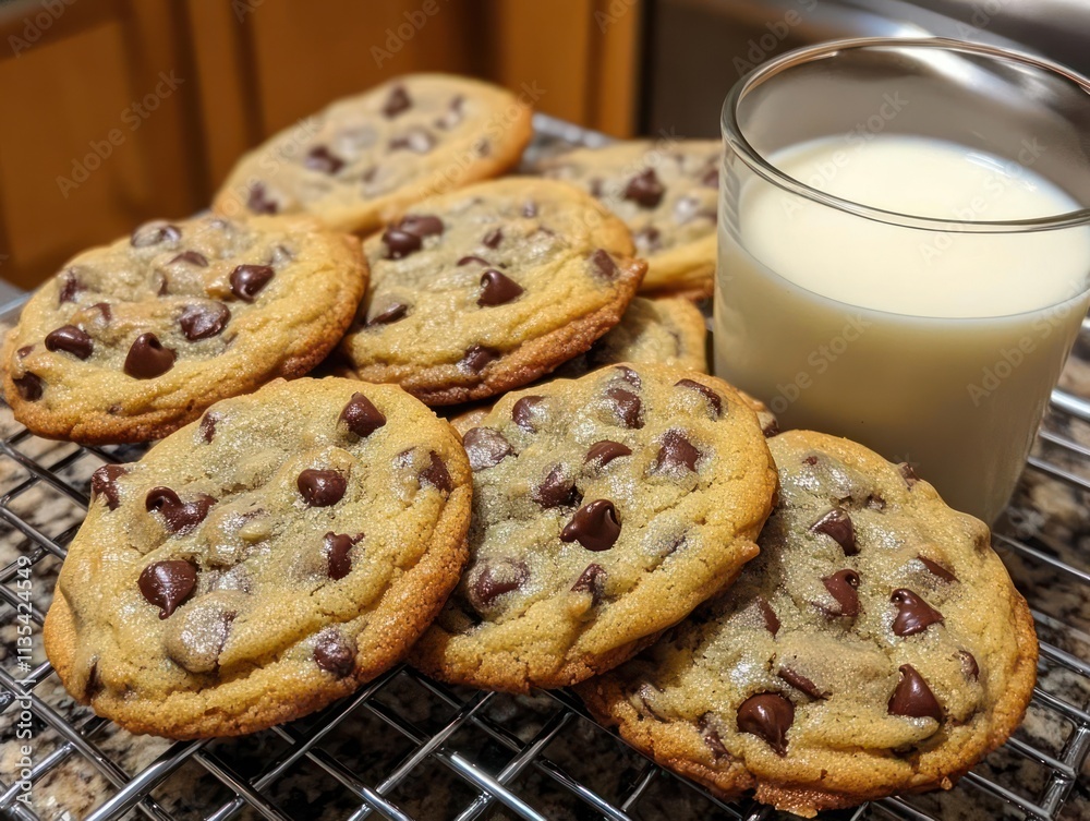 A plate of chocolate chip cookies next to a glass of milk on a cooling rack. A plate of chocolate chip cookies next to a glass of milk on a cooling rack.