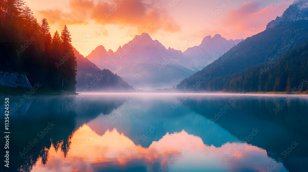 Fototapeta premium A serene morning view of Fusine Lake during a colorful summer sunrise, with Mangart Peak in the background, highlighting the natural beauty of the Julian Alps in Italy.