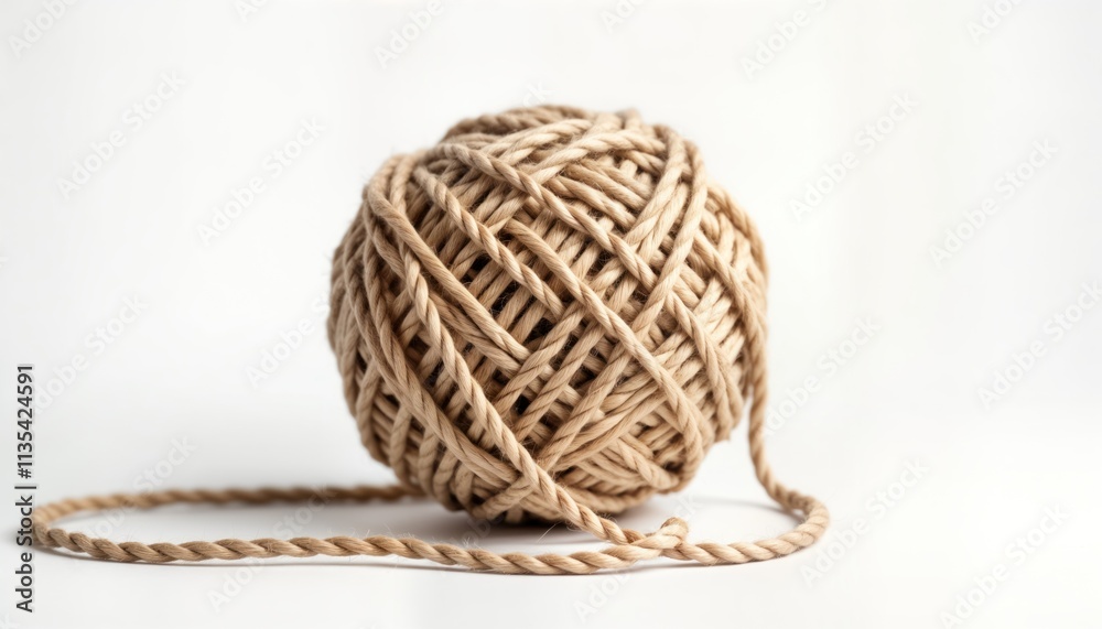Beige ball of string on white background. Natural material ball. Simple craft item. Handmade twine. Eco-friendly material. Sustainable craft. Minimalist design. Neutral color. Soft texture. Perfect Beige ball of string on white background. Natural material ball. Simple craft item. Handmade twine. Eco-friendly material. Sustainable craft. Minimalist design. Neutral color. Soft texture. Perfect