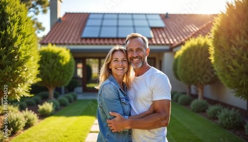 Happy couple standing outside their home equipped with modern solar panels, symbolizing renewable energy and sustainable living, surrounded by a beautifully landscaped garden on a bright sunny day.

