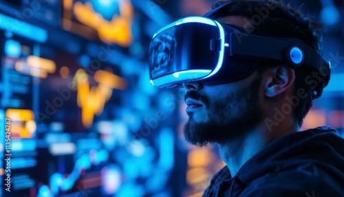 A man wearing a virtual reality headset engaged in an immersive augmented reality experience against a vivid technology-filled display. The setting portrays innovation and the futuristic vibes of mode