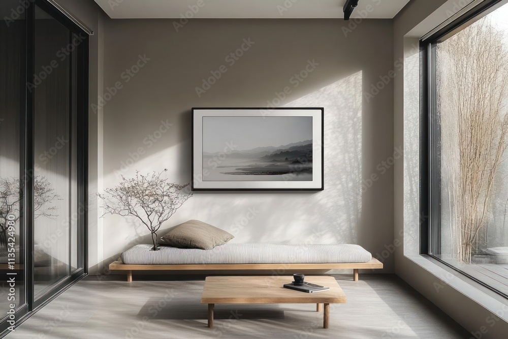 A serene interior featuring a minimalist bench, art, and natural light through large windows. A serene interior featuring a minimalist bench, art, and natural light through large windows.