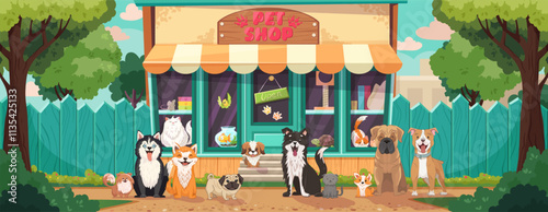 "
Pet shop cartoon vector illustration with dogs, cats, hamster, parrot, fish. Animal food on shelf, pillow bed, bowl, and scratching toy indoors. Concept shopfront for banner or brochure design."