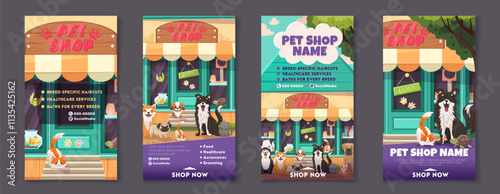 Pet shop vertical poster templates with cute pets. Dogs and cats of different breeds. Dog grooming, pet adoption, shop banner for your design in social media. Vector cartoon illustration