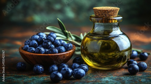 Freshly pressed elderberry oil in a glass bottle, next to a wooden bowl filled with elderberries,  on a rustic surface.