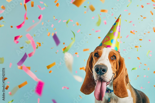 Happy basset hound dog at a birthday celebration party with colorful confetti and hat