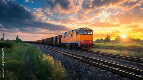 Freight Train at Sunset. Concept of Transportation, Logistics, and Cargo.