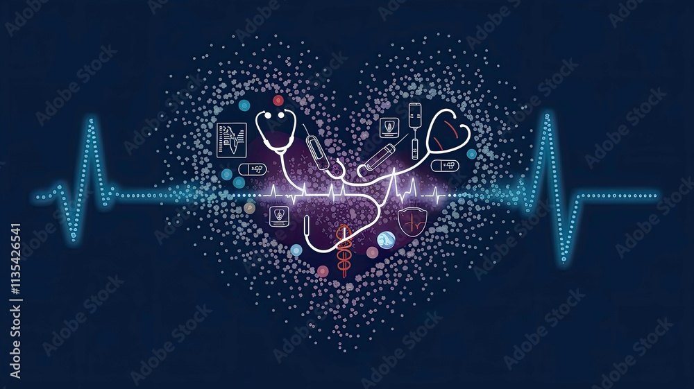 Obraz premium Abstract Animation of Moving Dots and Lines Forming a Heartbeat Pattern with Medical Icons on a Dark Blue Background