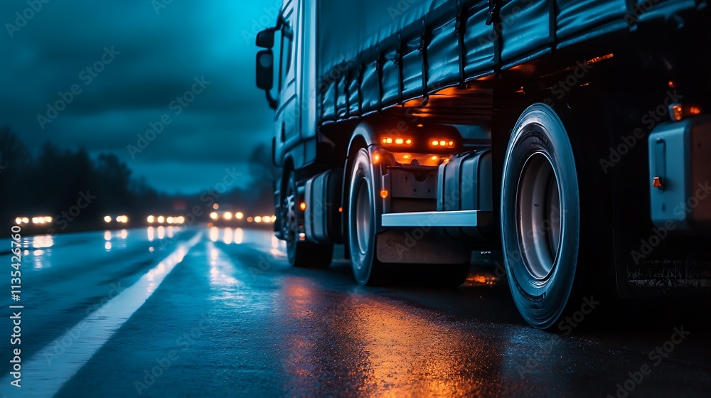 Semi truck on a wet highway at night. Concept of transportation, logistics, and delivery. Semi truck on a wet highway at night. Concept of transportation, logistics, and delivery.