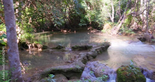 Huay Mae Khamin Waterfall in the rainforest in Si Nakharin National Park, north of Kanchanaburi, Thailand photo