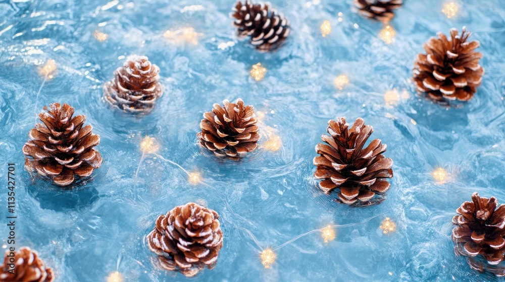 Pinecones on icy surface with string lights, winter mood. Pinecones on icy surface with string lights, winter mood.