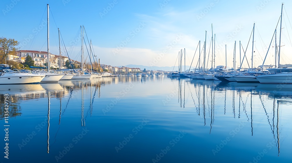 Obraz premium Luxury yachts in a calm harbor at sunrise. Concept of travel, leisure, and relaxation.