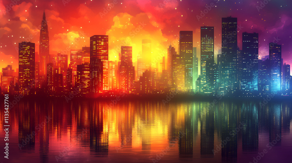 City Skyline Reflected In Water At Night City Skyline Reflected In Water At Night