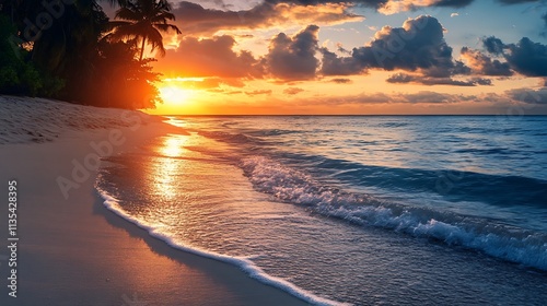 Tropical Sunset Beach Scene.  Paradise, Relaxation, Vacation.